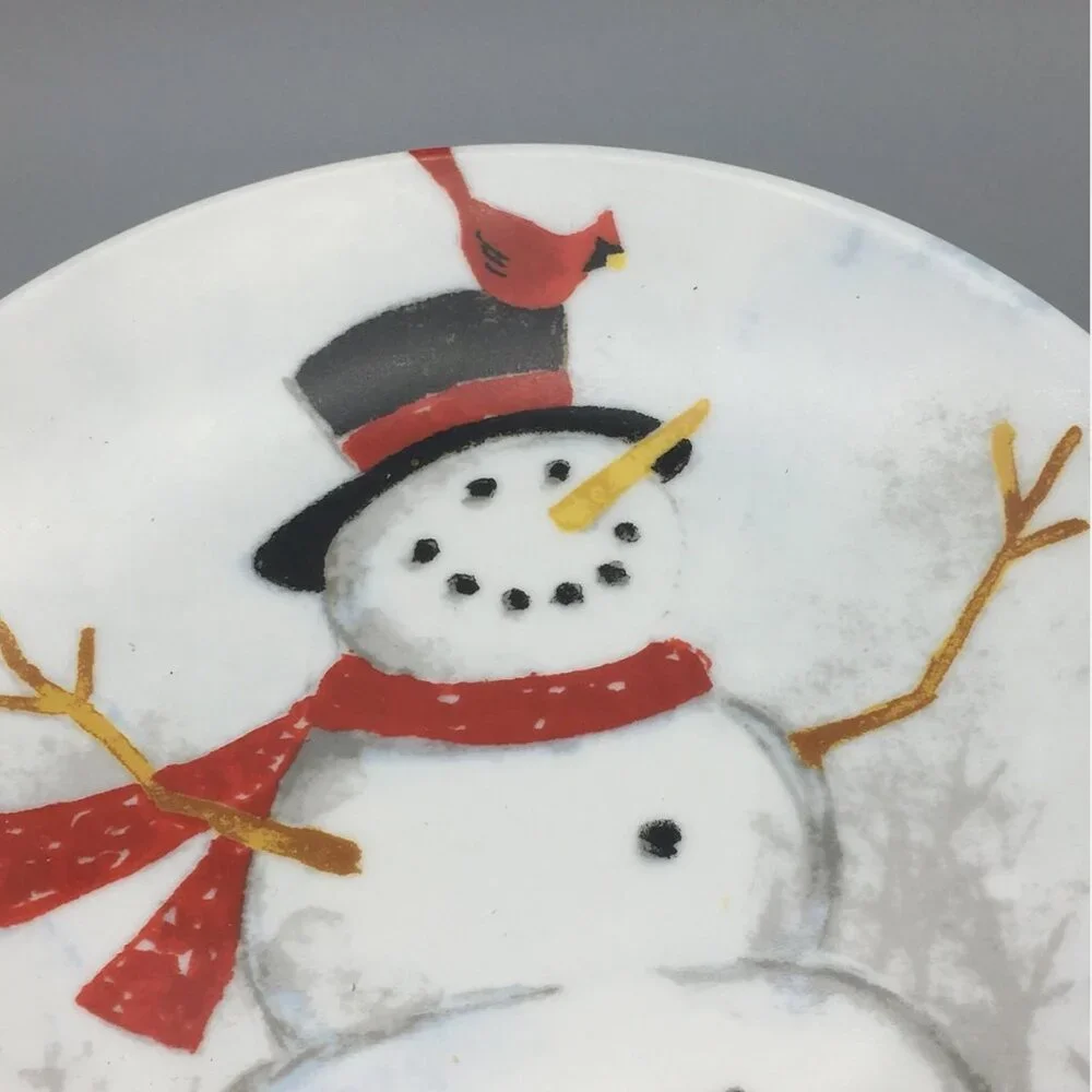 x4 222 FIFTH Winter Cheer Appetizer Plate Set Snowman Red Cardinal Christmas NEW